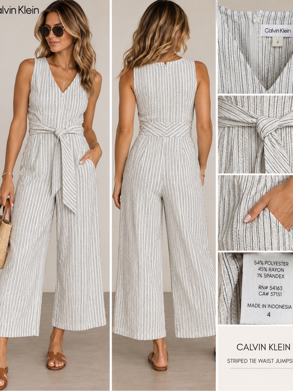 Calvin Klein Cream Striped Tie-Waist Jumpsuit